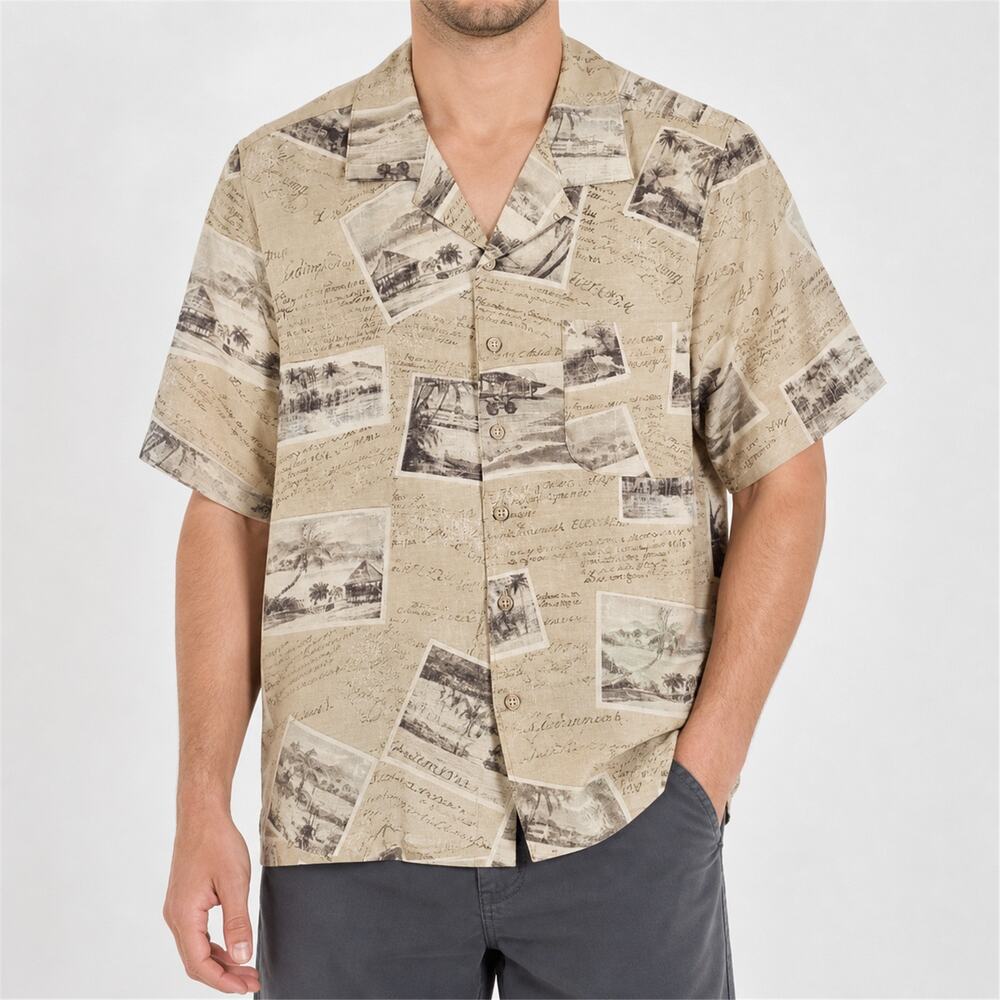 Batik Bay Shirt Mens Small Beige Silk Hawaiian Short Sleeve Regular Fit